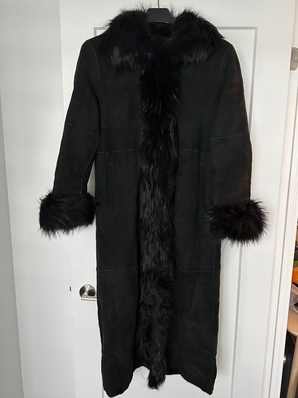 Marco Gianotti Genuine Shearling Long Coat, Black, Length Fur Trim, Made in EU
